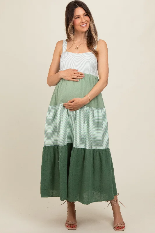 Green Striped Color Block Back Bow Maternity Midi Dress