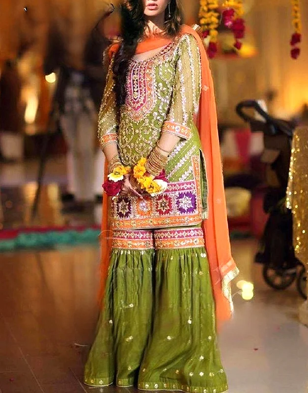 Heavy Embroidered Chiffon Mehndi Dress (DZ12675)