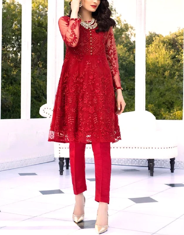 2-Piece Embroidered Red Net Party Wear Dress (DZ13297)