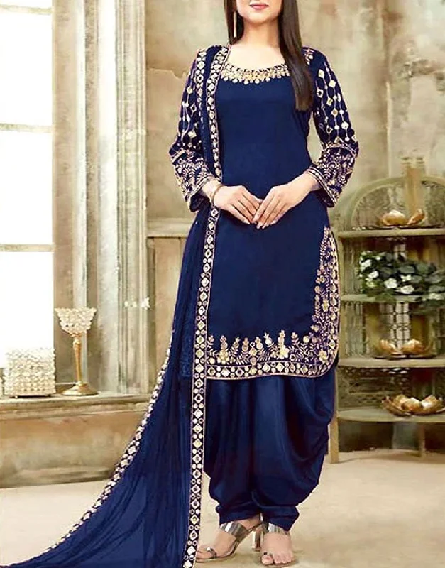 Mirror Work Embroidered Navy Blue Chiffon Dress (DZ13563)