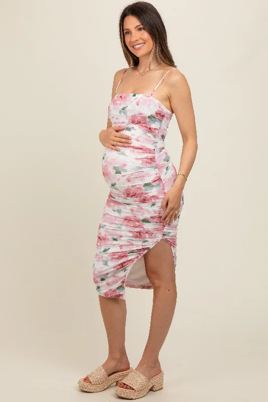 Ivory Floral Ruched Maternity Midi Dress