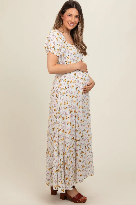 Ivory Floral Short Sleeve Maternity Maxi Dress