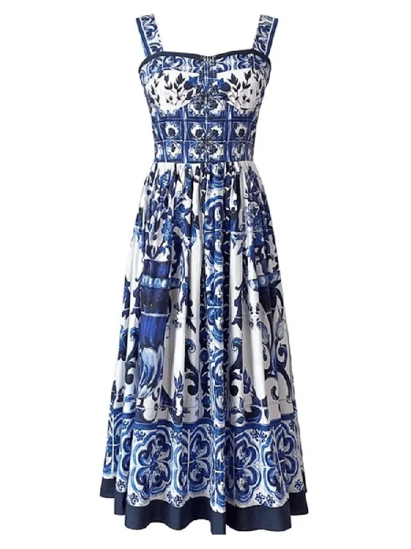 Kim Corset Print Midi Dress - Blue Print