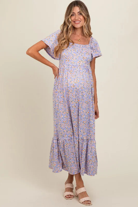 Lavender Floral Short Sleeve Maternity Maxi Dress