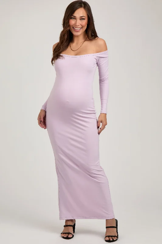 Lavender Off Shoulder Long Sleeve Maternity Maxi Dress