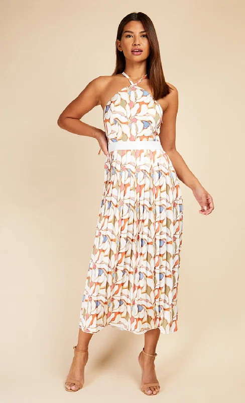 Leaf Print Pleated Midaxi Dress