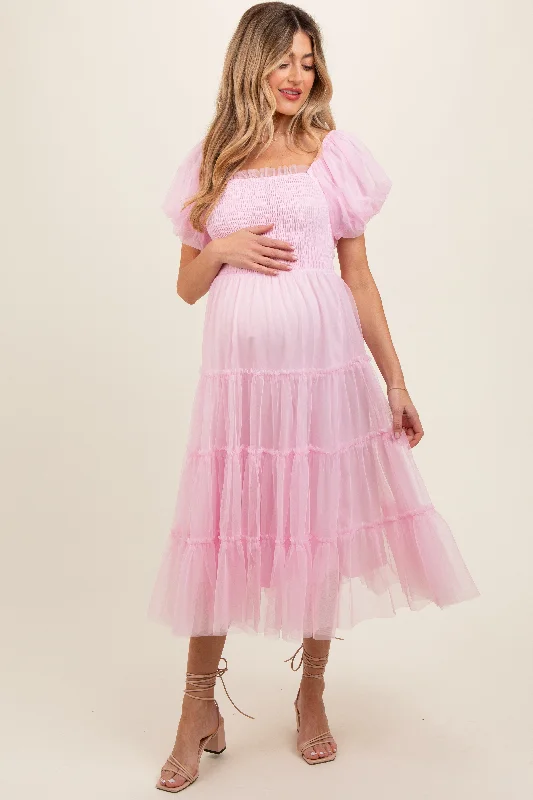 Light Pink Smocked Tiered Tulle Maternity Midi Dress