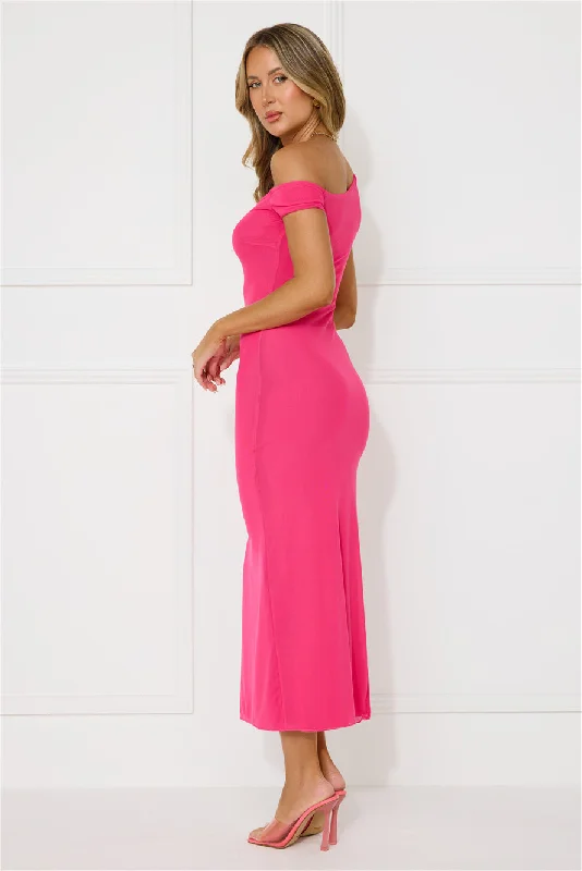 Lost In The Music Mesh Off Shoulder Midi Dress Pink