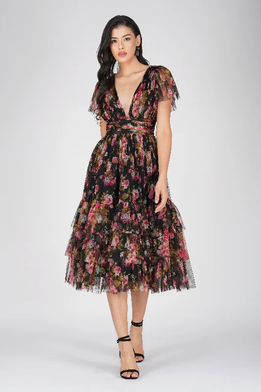 Madison Black Floral Tulle Midi Dress