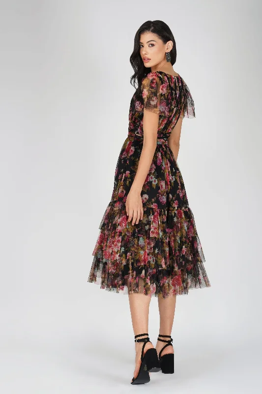 Madison Black Floral Tulle Midi Dress