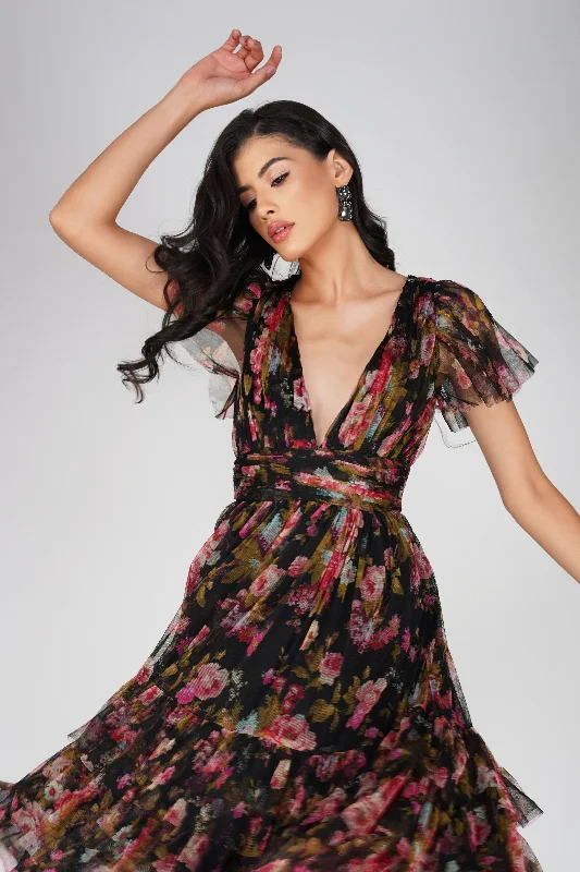 Madison Black Floral Tulle Midi Dress