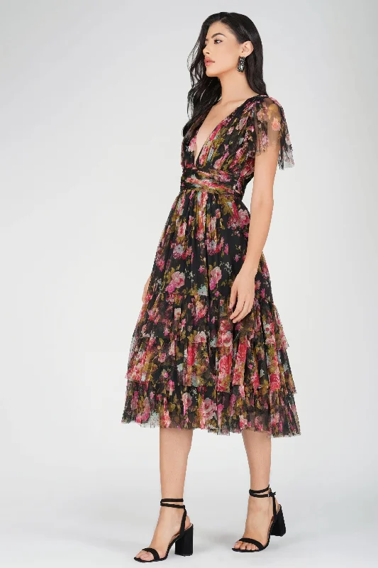 Madison Black Floral Tulle Midi Dress