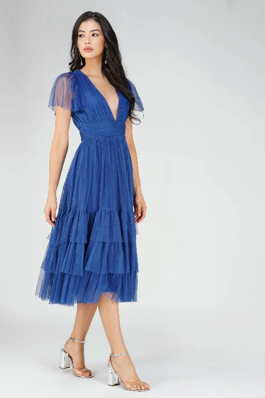 Madison Cobalt Blue Tulle Bridesmaid Midi Dress