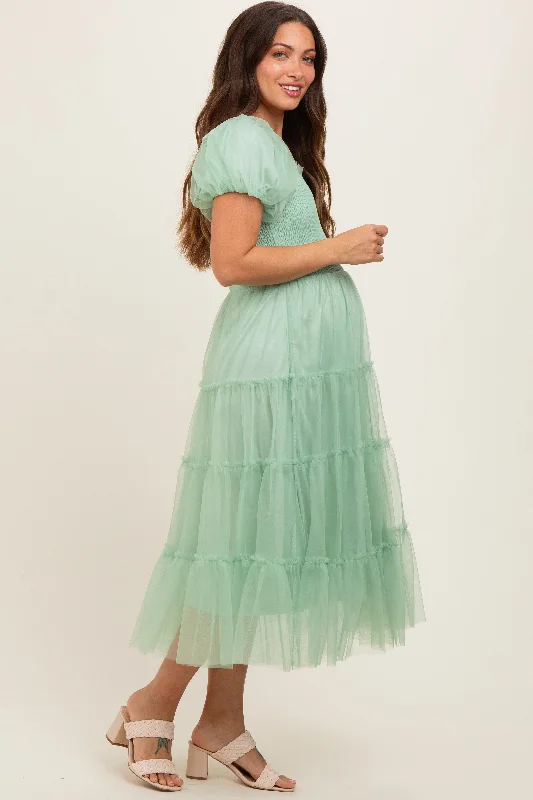 Mint Green Smocked Tiered Tulle Maternity Midi Dress