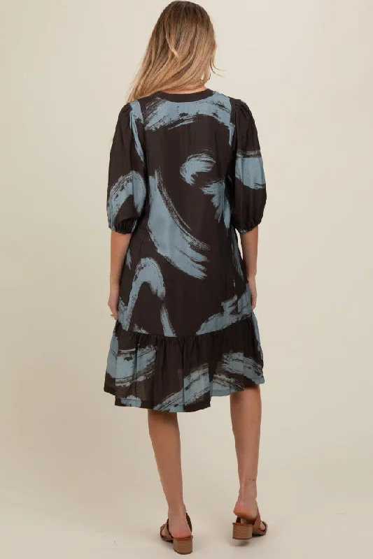 Mocha Abstract Print Button Up Maternity Midi Dress