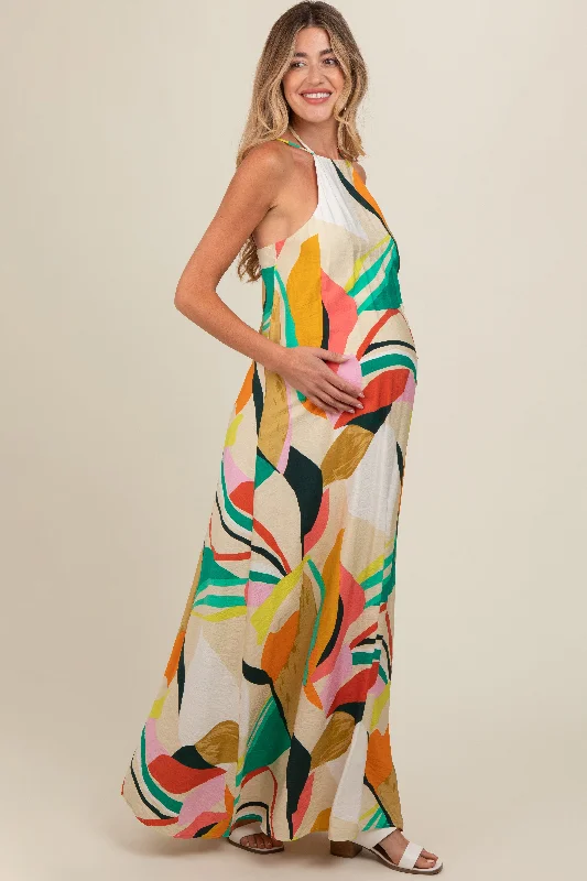 Multicolor Abstract Print Halter Maternity Maxi Dress