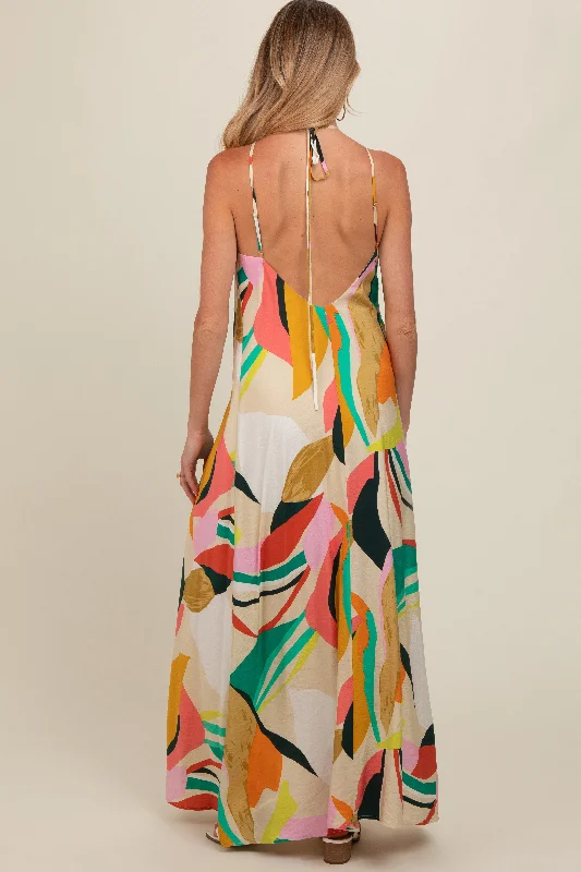 Multicolor Abstract Print Halter Maternity Maxi Dress