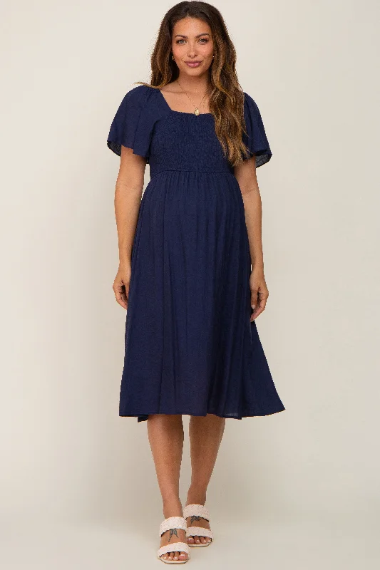 Navy Blue Smocked Square Neck Flutter Short Sleeve Maternity Midi Dress