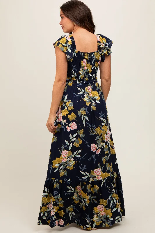 Navy Floral Smocked Cinched Top Maternity Maxi Dress