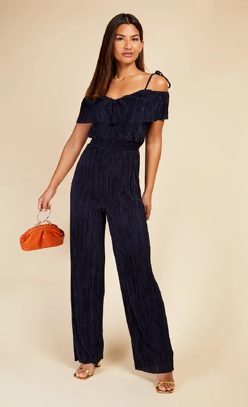 Navy Plisse Cold Shoulder Jumpsuit