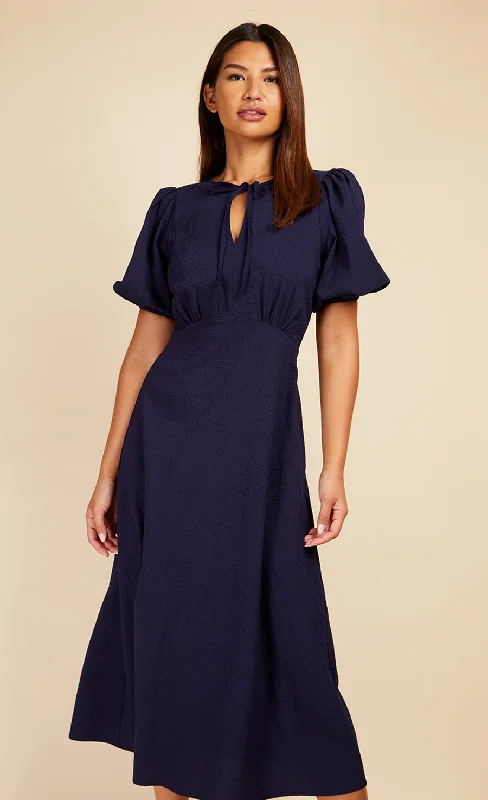 Navy Textured Puff Sleeve Midaxi Dress