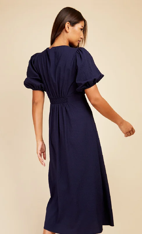 Navy Textured Puff Sleeve Midaxi Dress