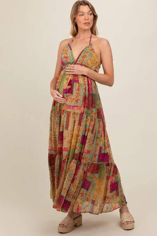 Olive Patchwork Print Halter Maternity Maxi Dress