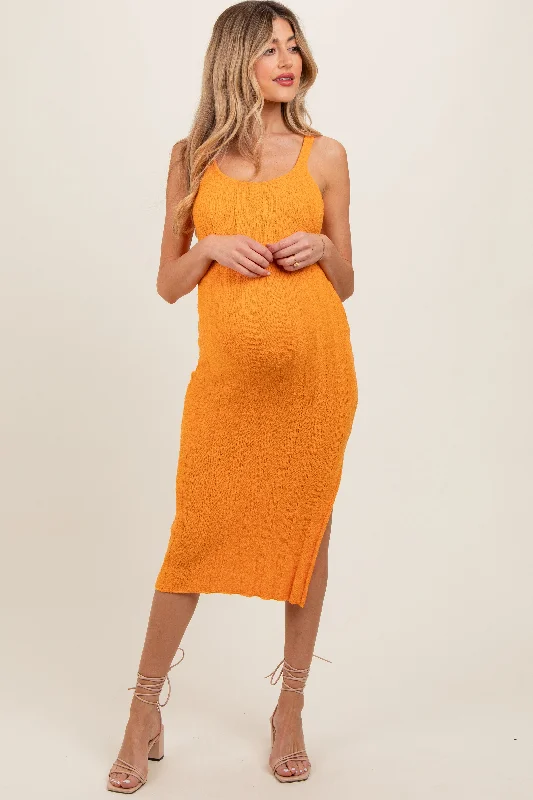 Orange Rib Knit Side Slit Maternity Maxi Dress