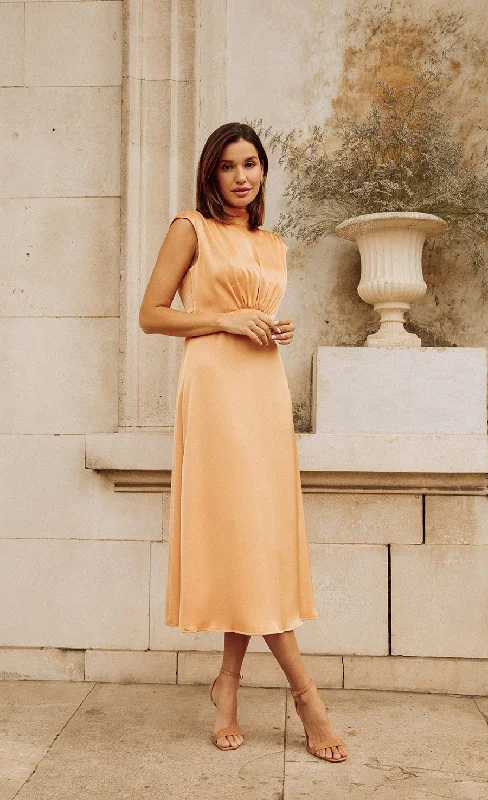 Orange Satin Tie Neck Midaxi Dress