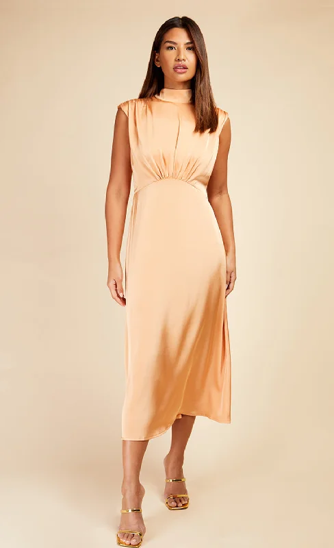 Orange Satin Tie Neck Midaxi Dress