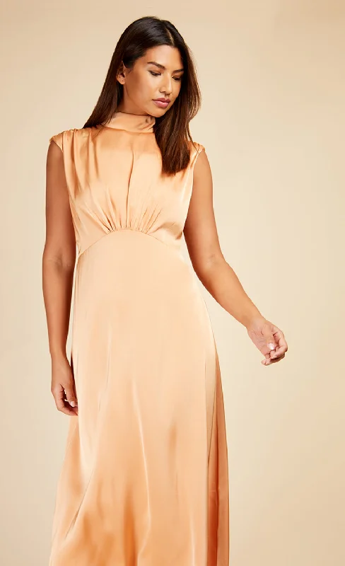 Orange Satin Tie Neck Midaxi Dress