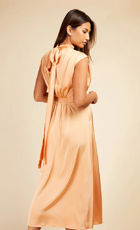 Orange Satin Tie Neck Midaxi Dress