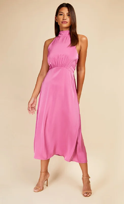 Pink Satin Halter Tie Midaxi Dress