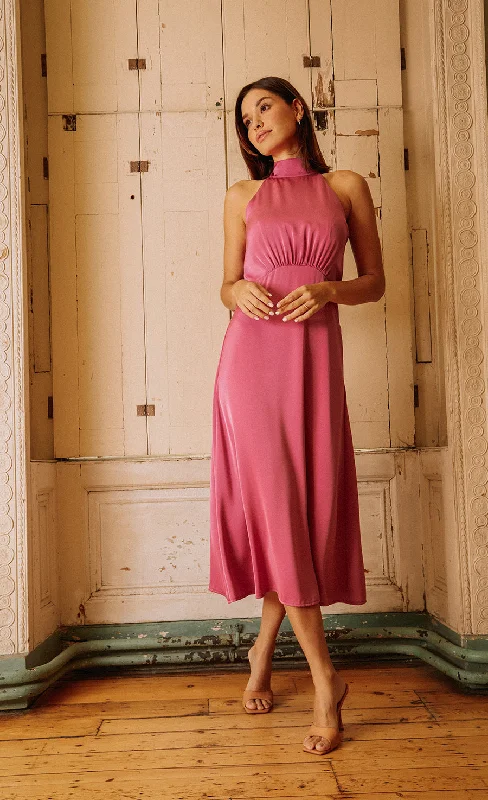 Pink Satin Halter Tie Midaxi Dress