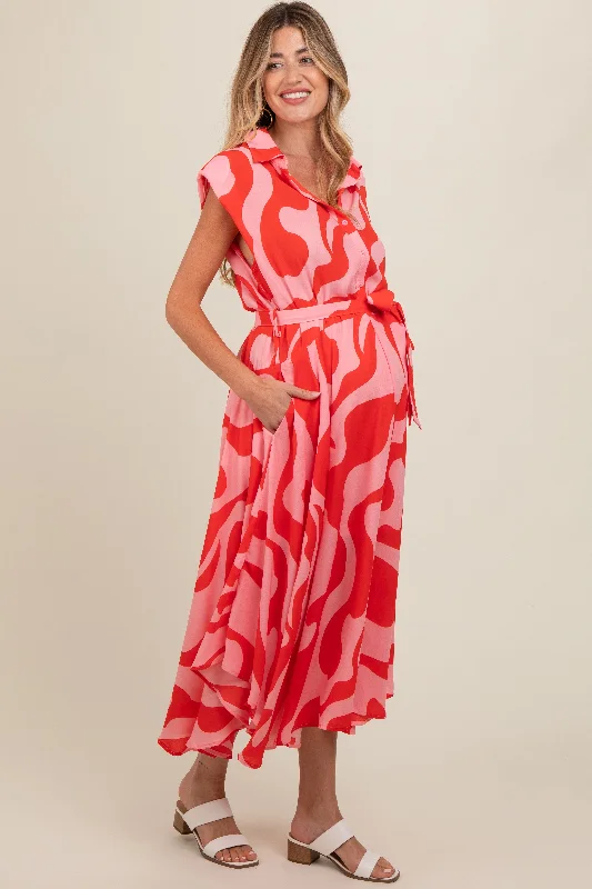 Red Abstract Print Collared Belted Maternity Dress