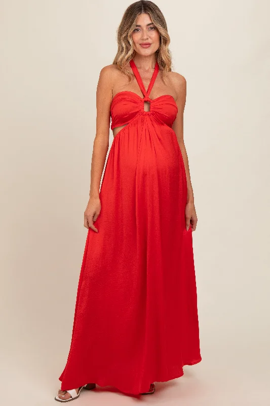 Red Halter Cutout Maternity Maxi Dress