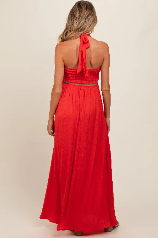 Red Halter Cutout Maternity Maxi Dress