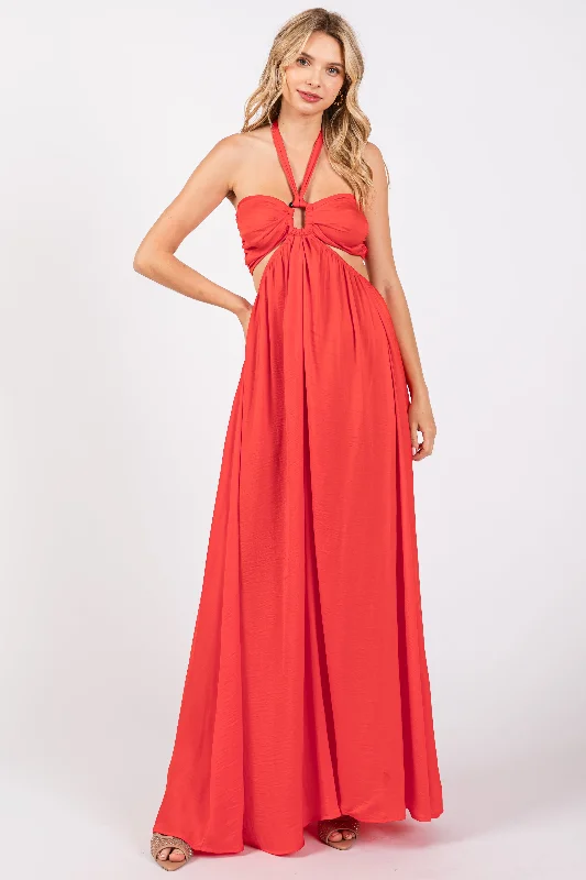 Red Halter Cutout Maternity Maxi Dress