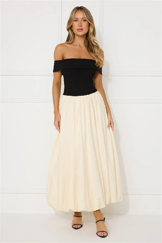 Regency Era Off Shoulder Bubble Midi Dress Black