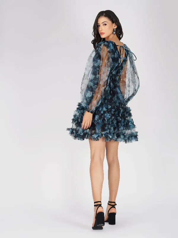 Rome Blue Floral Tulle Mini Dress