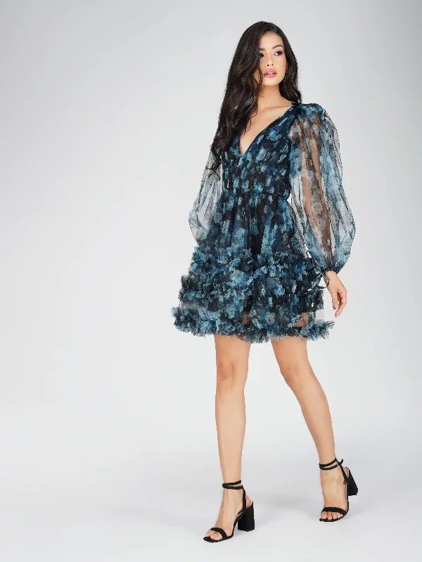 Rome Blue Floral Tulle Mini Dress