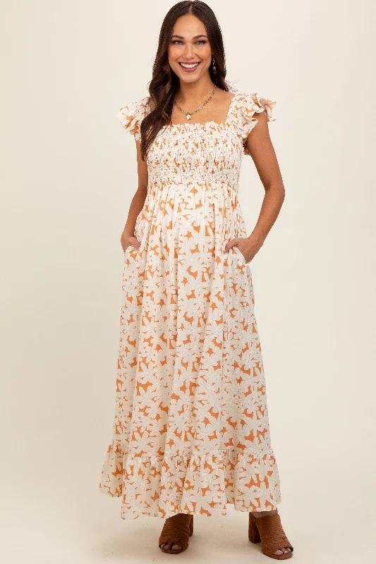 Rust Floral Print Smocked Ruffle Sleeve Maternity Maxi Dress