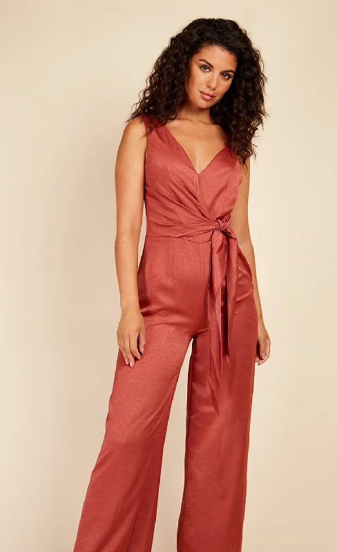 Rust Satin Asymmetric Neck Jumpsuit