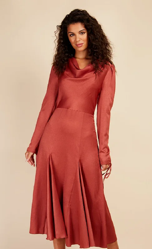 Rust Satin Cowl Neck Midaxi Dress