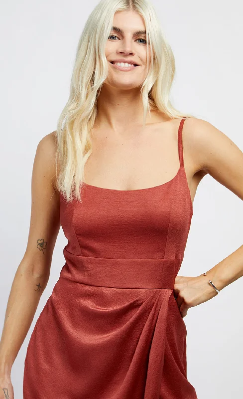 Rust Satin Scoop Neck Midi Dress