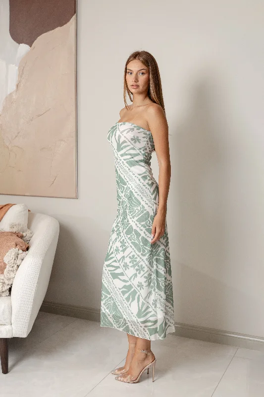 SENZA STRAPLESS MAXI DRESS - White Green Floral Print