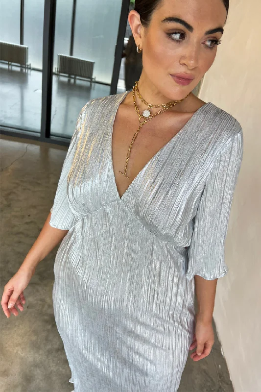 Silver Plisse Midi Dress