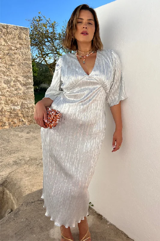 Silver Plisse Midi Dress