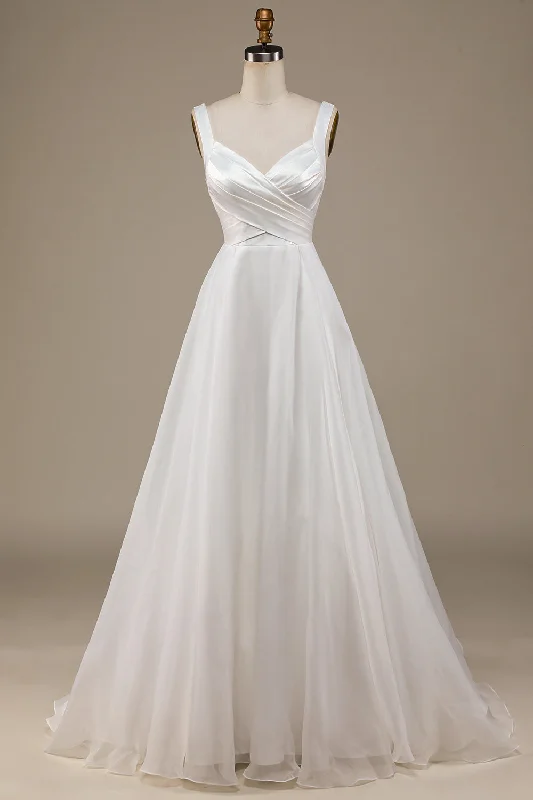 Simple Ivory Organza Scoop Neck Sweep Train Wedding Dress