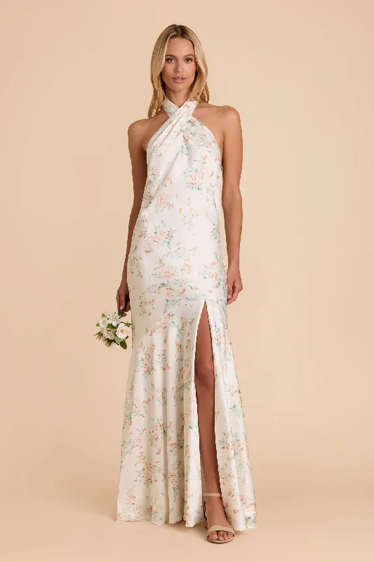 Stephanie Matte Satin Dress - Apricot Whimsical Blooms